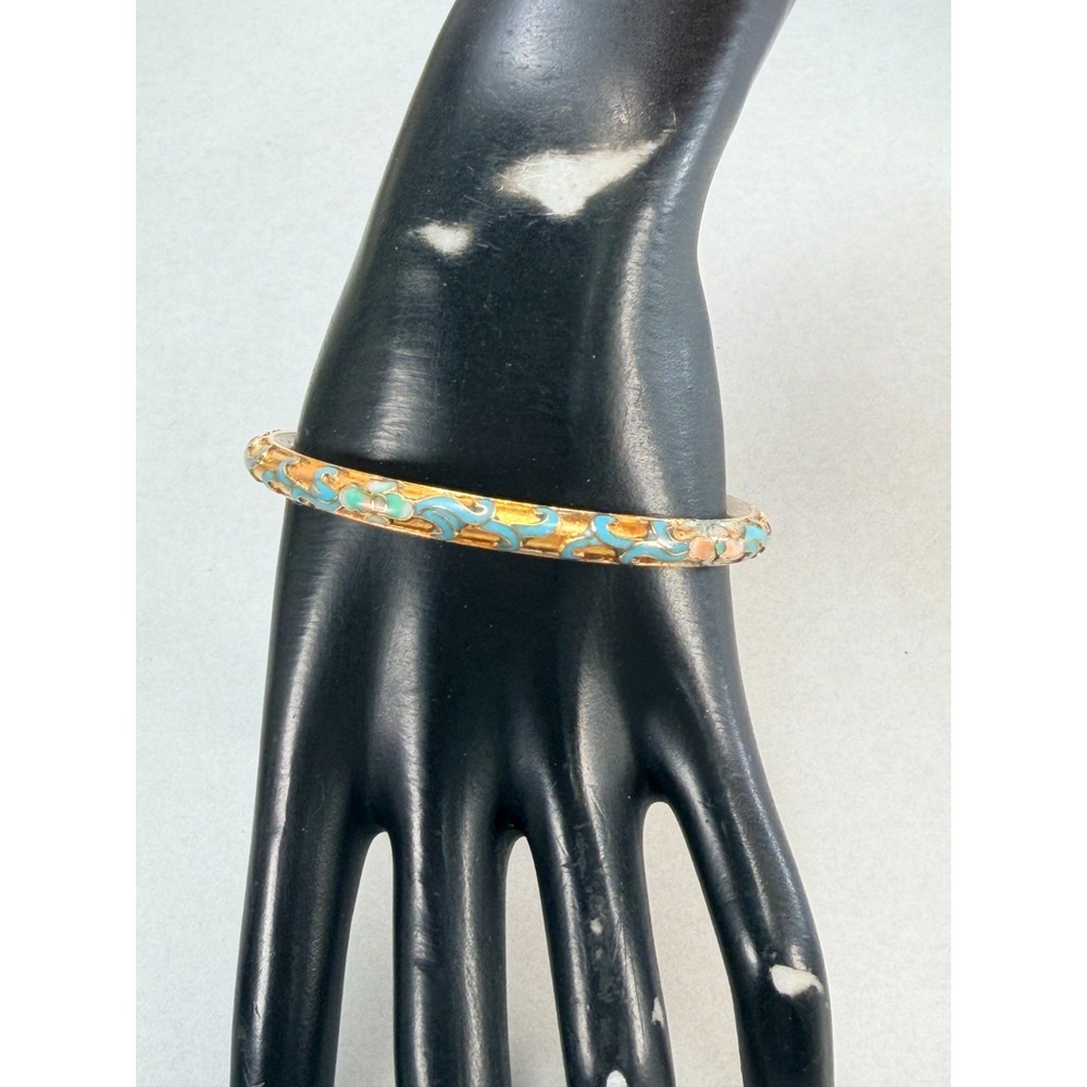 Vintage Cloisonne Enamel Bangle Bracelet Gold Tone Blue Floral Asian Style